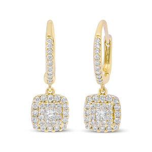 14K Yellow Gold 5/8 Cttw Invisible - Set Princess Diamond Square Halo Dangle Earring (H - I Color, SI1 - SI2 Clarity) - Rieworkes