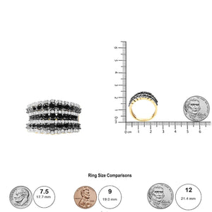 14K Yellow Gold Plated .925 Sterling Silver 1 3/4 Cttw Treated Black and White Alternating Diamond Multi Row Band Ring (Black / I - J Color, I2 - I3 Clarity) - Rieworkes