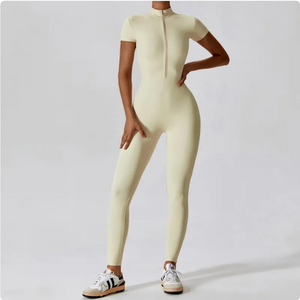 Zippered Short Sleeve Yoga Jumpsuit Mimarta