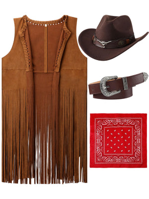 Hercicy Western Outfits for Women Cowgirl Tassel Sleeveless Vest Cowboy Hat Belt and Paisley Bandana for Halloween Dress Up (Brown Small) Mimarta