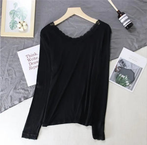 Women Lace V-neck Long-sleeved Thermal Slim Warm Top Rieworkes