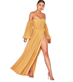 Yellow Sexy High-Slit Strapless Maxi Dress for Vacation Mimarta