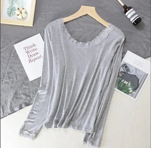 Women Lace V-neck Long-sleeved Thermal Slim Warm Top Rieworkes