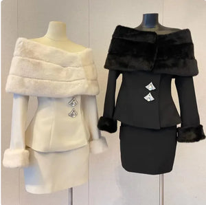 Off-Shoulder Faux Fur Coat & Skirt Set Mimarta