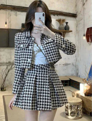 Houndstooth Blazer and Skirt Set with Design Flair Mimarta