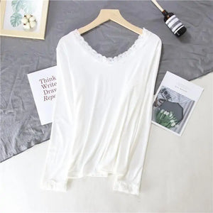 Women Lace V-neck Long-sleeved Thermal Slim Warm Top Rieworkes
