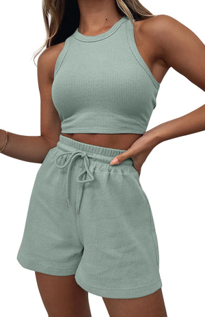 Lingswallow 2 Piece Women Lounge Sets - Sleeveless Crop Top and Shorts Waffle Lounge Set Tracksuits Sweatsuits for Women Mimarta