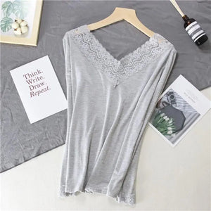 Women Lace V-neck Long-sleeved Thermal Slim Warm Top Rieworkes