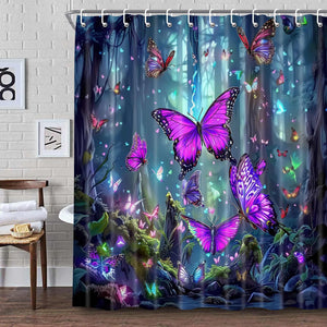 Fantasy Forest Shower Curtain,Magic Fairy Tale Gemstone Blue Forest Butterfly Shower Curtain for Bathroom Modern Fabric Cloth Waterproof Bath Curtain with Hooks Mimarta