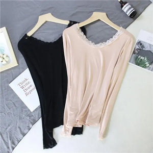Women Lace V-neck Long-sleeved Thermal Slim Warm Top Rieworkes