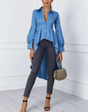 Solid Color Lantern Sleeve Tail Dress & Button Shirt Dress Mimarta