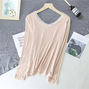 Women Lace V-neck Long-sleeved Thermal Slim Warm Top Rieworkes