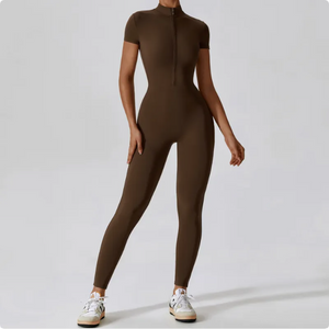 Zippered Short Sleeve Yoga Jumpsuit Mimarta
