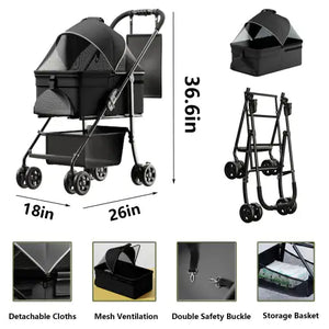2 In 1 Folding Dog Stroller, Pet Folding Stroller, 4 Wheels Dog Cat Puppy Stroller W Removable Travel Carrier For Small Medium Pet, Waterproof Pad, Car Seat, Sun Shade, Xmas Christmas Gift Rieworkes