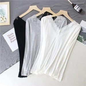 Women Lace V-neck Long-sleeved Thermal Slim Warm Top Rieworkes