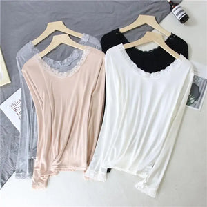 Women Lace V-neck Long-sleeved Thermal Slim Warm Top Rieworkes