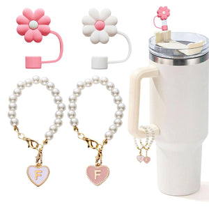 LUHOHI 4pcs Charms for Stanley Cup,Pearl Chain Accessories Stanley Cup Initial Letter Charms for Handle with 2pcs straw covers Stuff Decor Water Bottle Jewelry Tumbler Personalized Decorations ID Q Rieworkes