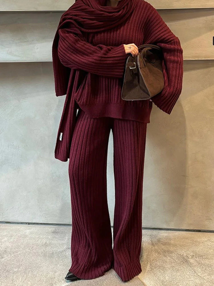 V-Neck Top &amp; Wide Leg Pants Set with Scarf Rieworkes