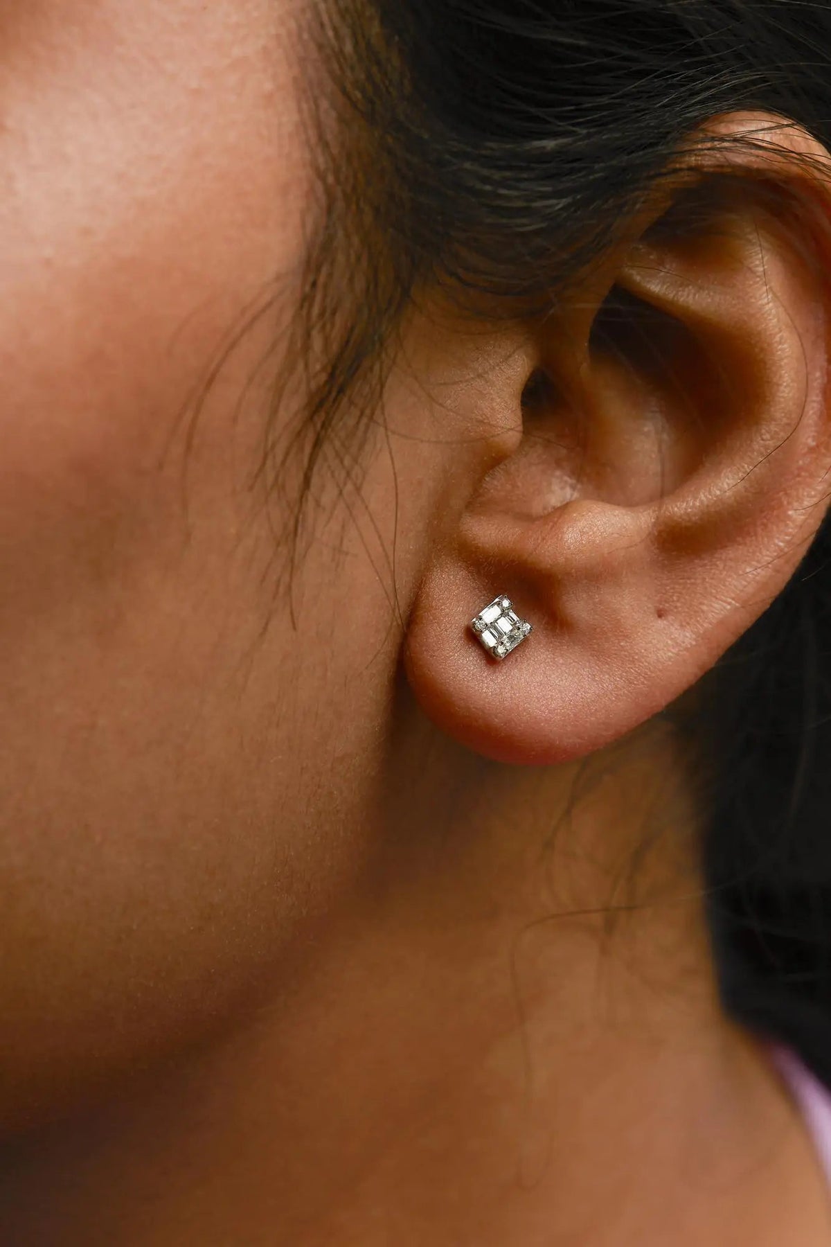 10K White Gold 1/7 Cttw Round and Baguette Diamond Mosaic Square Stud Earrings (H - I Color, I1 - I2 Clarity) - Rieworkes