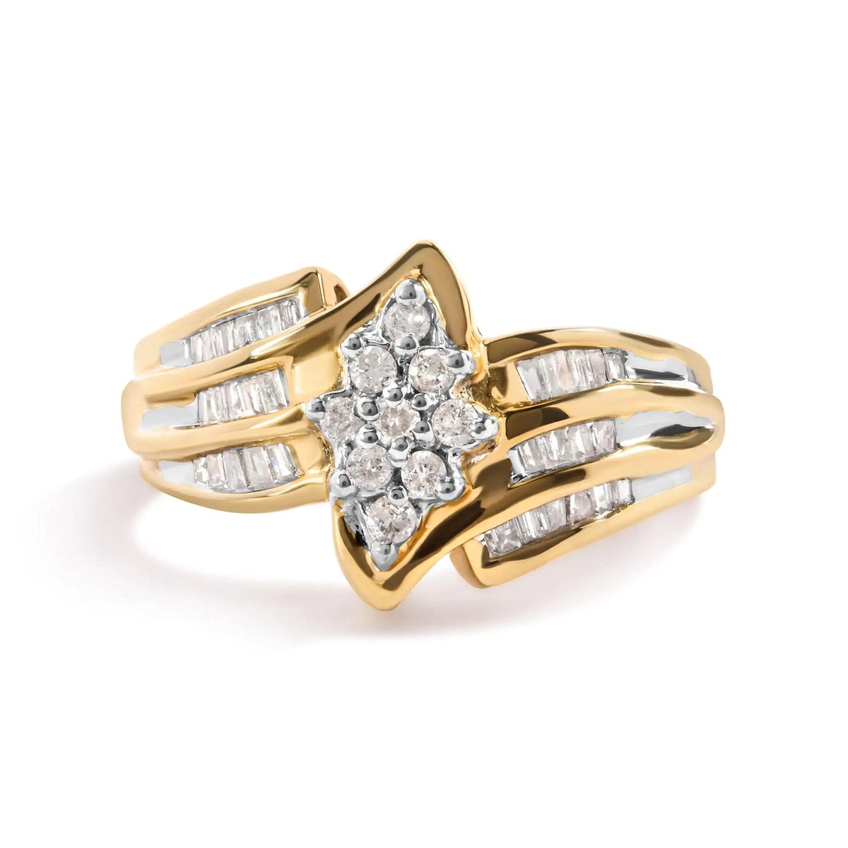 10K Yellow Gold 1/2 Cttw Round And Baguette - cut Diamond Cluster Head and Channel Set Shank Ring (H - I Color, I1 - I2 Clarity) - Rieworkes