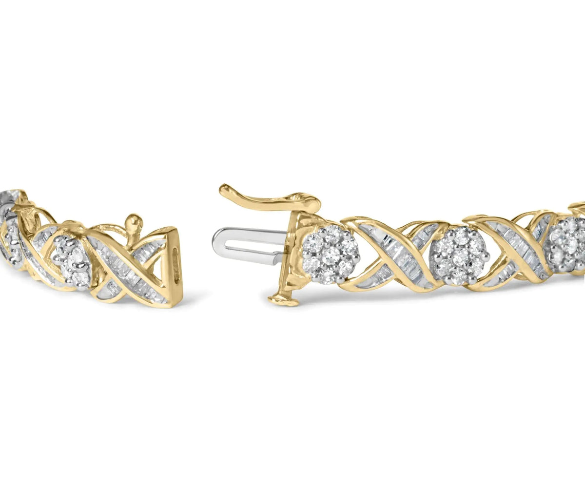 10K Yellow Gold 3.00 Cttw Round - Cut and Baguette - Cut Diamond 'XOXO' Floral Design 7.50" Bracelet (J - K Color, I1 - I2 Clarity) - Rieworkes