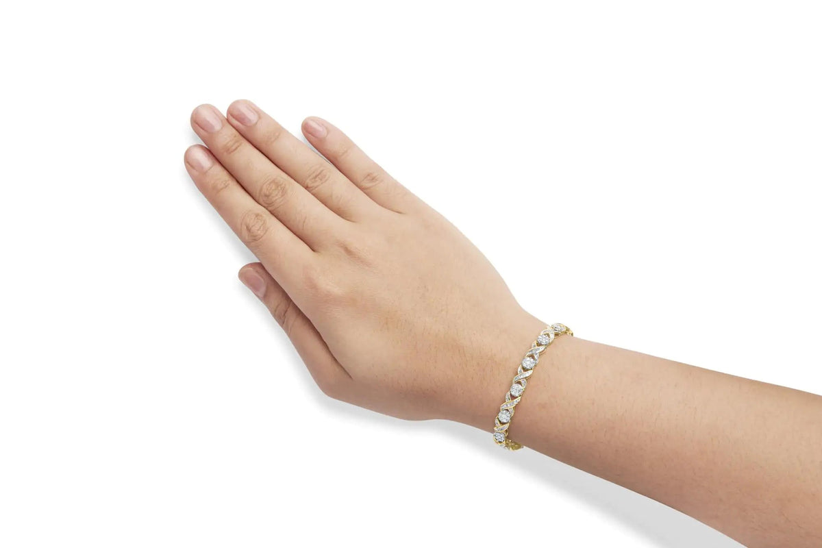 10K Yellow Gold 3.00 Cttw Round - Cut and Baguette - Cut Diamond 'XOXO' Floral Design 7.50" Bracelet (J - K Color, I1 - I2 Clarity) - Rieworkes