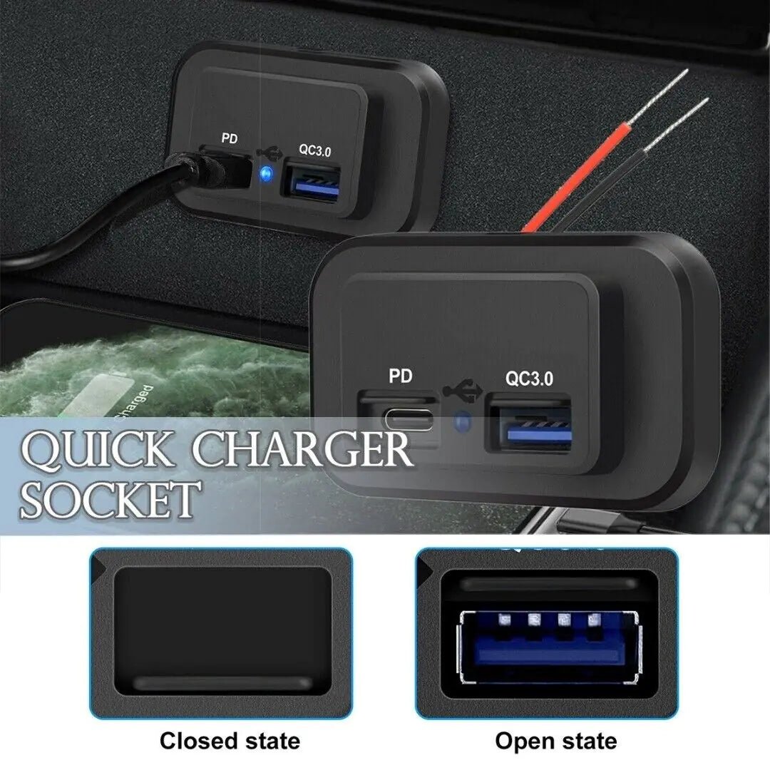 12 - 24V 4.8A Dual USB PD QC3.0 Car Boat RV Fast Charger Socket LED Power Outlet - Rieworkes