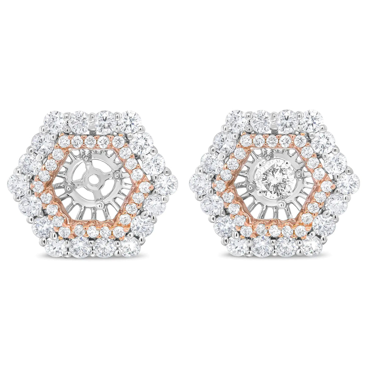 14K Rose and White Gold 1 7/8 Cttw Round Diamond Double Halo Earring Jacket for 6mm Round Studs (G - H Color, VS2 - SI1 Clarity) - Rieworkes