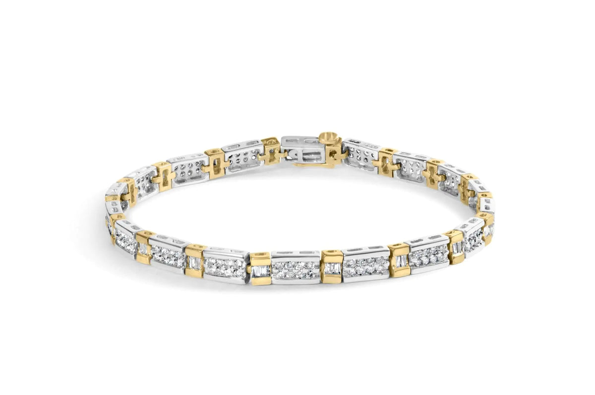 14k Two - Tone 2.00 Cttw Round - Cut and Baguette - Cut Diamond Bar Link 7" Bracelet (I - J Color, SI2 - I1 Clarity) - Rieworkes
