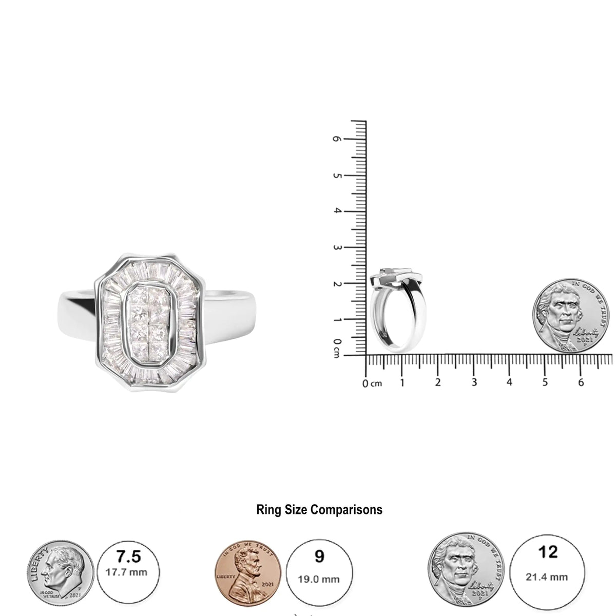 14K White Gold 1.00 Cttw Baguette and Princess - Cut Diamond Cocktail Art Deco Style Ring (H - I Color, SI1 - SI2 Clarity) - Rieworkes