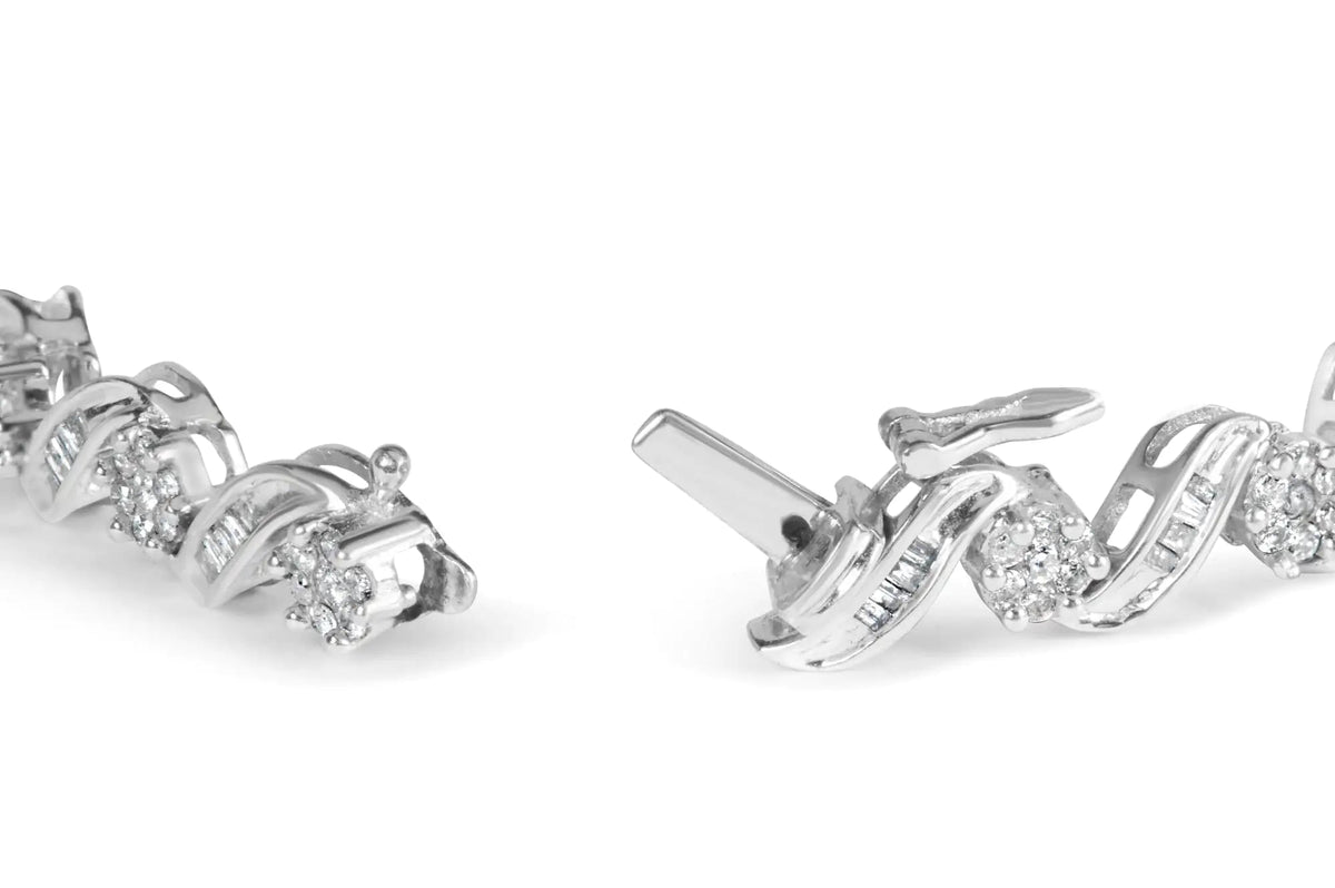 14K White Gold 2.00 Cttw Diamond Cluster and Spiral Link Bracelet (I - J Color, I1 - I2 Clarity) - 7" - Rieworkes