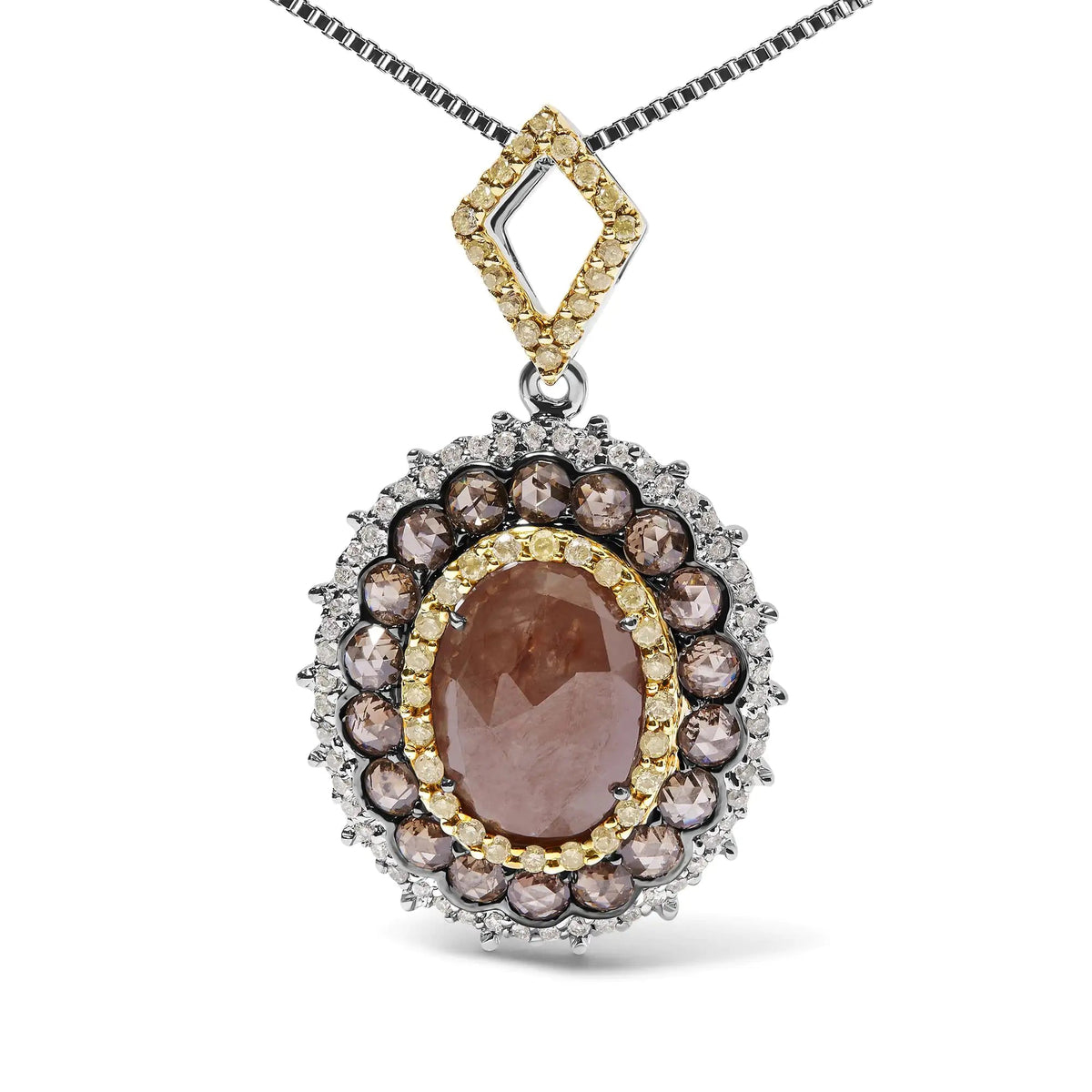 14K White Gold 3.00 Cttw Rose Cut Fancy Colored Diamond Triple Halo 18" Inch Pendant Necklace (Fancy Color, I2 - I3 Clarity) - Rieworkes