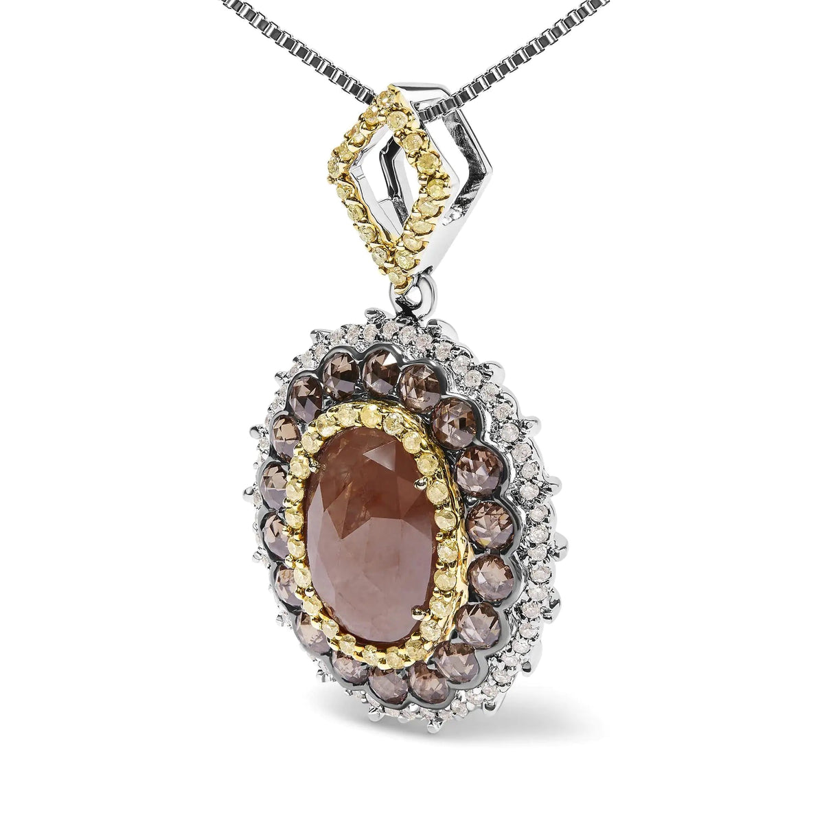 14K White Gold 3.00 Cttw Rose Cut Fancy Colored Diamond Triple Halo 18" Inch Pendant Necklace (Fancy Color, I2 - I3 Clarity) - Rieworkes