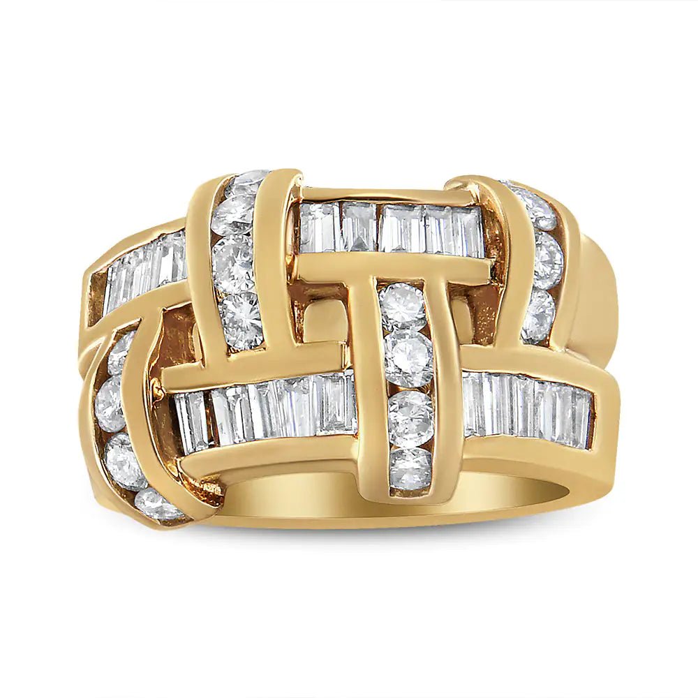 14K Yellow Gold 1 5/8 Cttw Round and Baguette Diamond Lattice Grid Design Ring Band (H - I Color, VS2 - SI1 Clarity) - Ring Size 6 - Rieworkes
