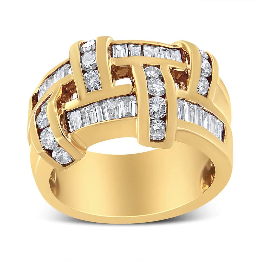 14K Yellow Gold 1 5/8 Cttw Round and Baguette Diamond Lattice Grid Design Ring Band (H - I Color, VS2 - SI1 Clarity) - Ring Size 6 - Rieworkes