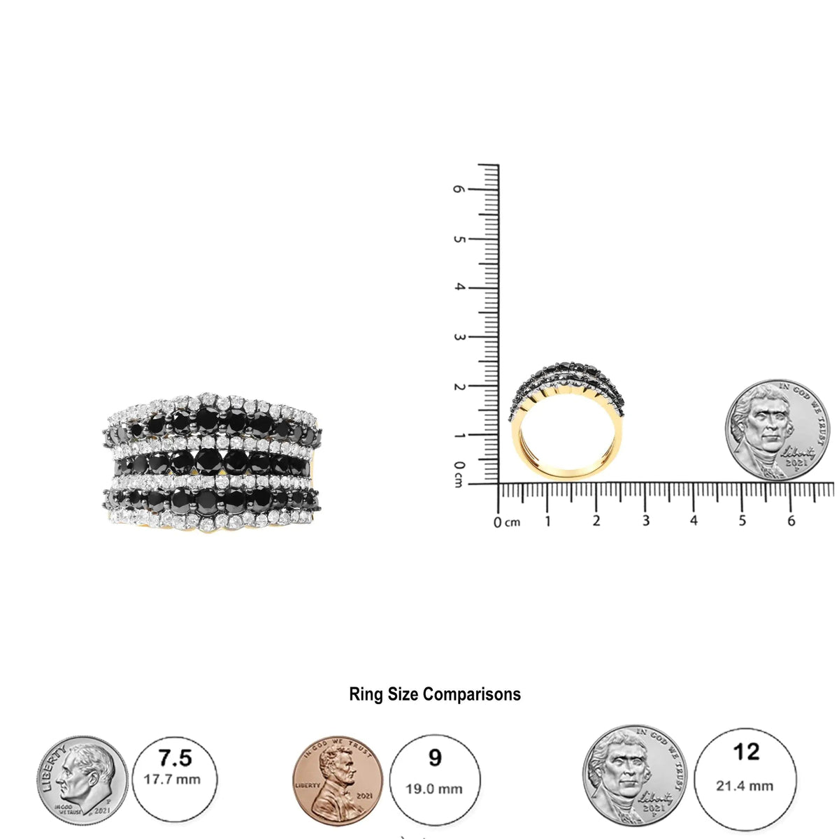 14K Yellow Gold Plated .925 Sterling Silver 1 3/4 Cttw Treated Black and White Alternating Diamond Multi Row Band Ring (Black / I - J Color, I2 - I3 Clarity) - Rieworkes