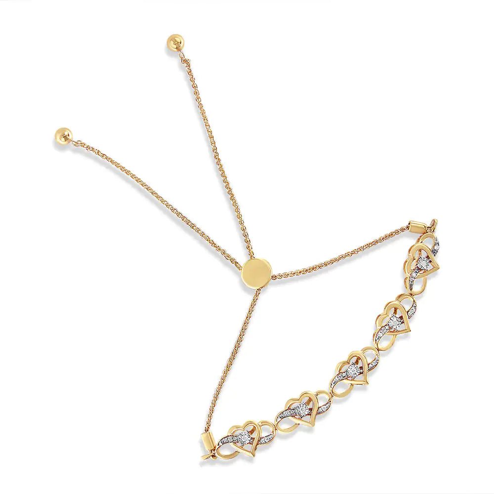 14K Yellow Gold Plated .925 Sterling Silver 1/10 Cttw Diamond Infinity Heart Shaped 4” - 10” Adjustable Bolo Bracelet (H - I Color, I2 - I3 Clarity) - Rieworkes