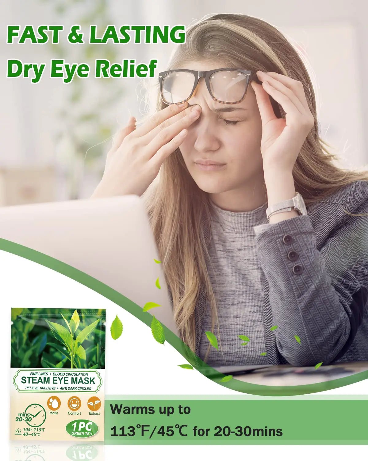 16 Packs Steam Eye Masks for Dry Eyes, Green Tea Warm Eye Mask, Relief Eye Fatigue Hot Sleep Eye Mask for Puffy Eyes Mask, Disposable Moist Heating Compress Pads for Sleeping, Self Heated Eye Mask - Rieworkes
