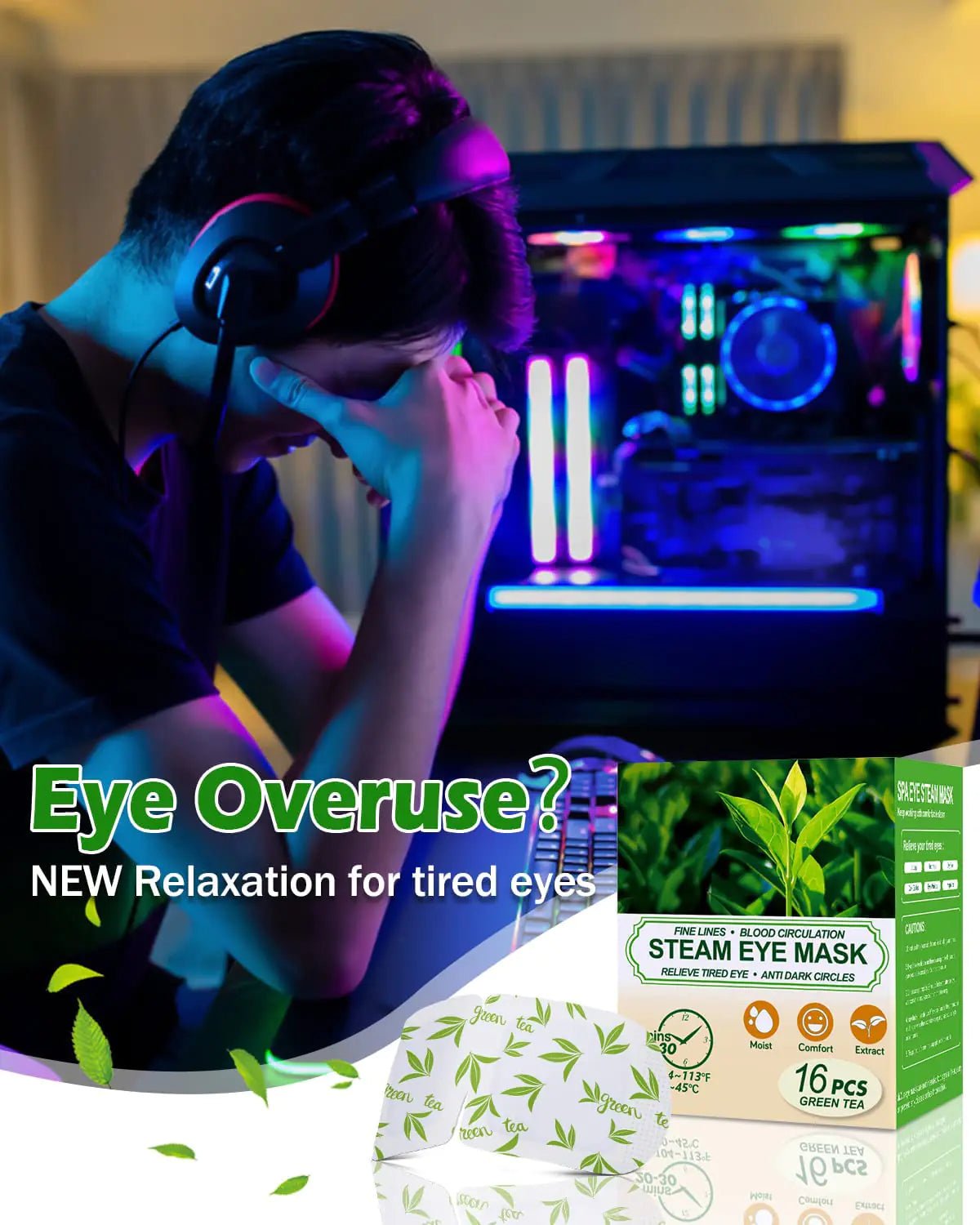 16 Packs Steam Eye Masks for Dry Eyes, Green Tea Warm Eye Mask, Relief Eye Fatigue Hot Sleep Eye Mask for Puffy Eyes Mask, Disposable Moist Heating Compress Pads for Sleeping, Self Heated Eye Mask - Rieworkes