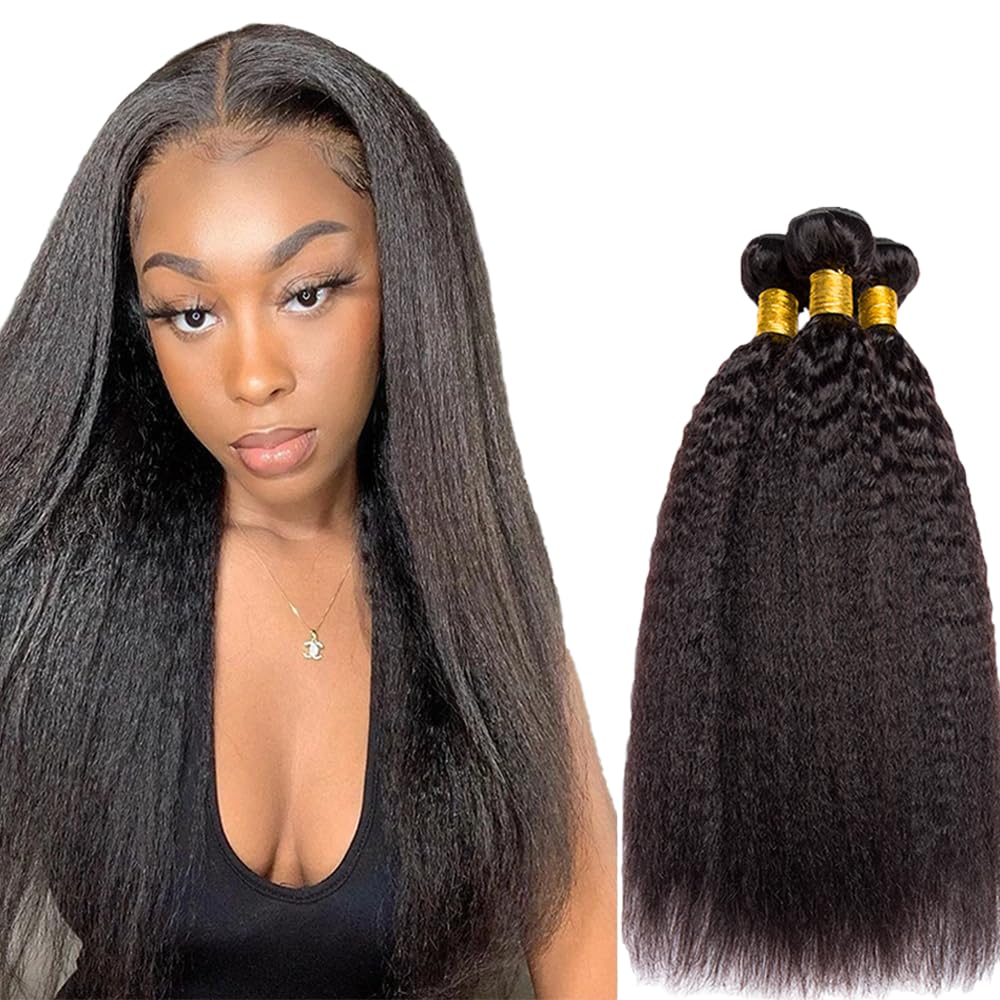 Yaki Straight Bundles Human Hair Natural Black Color Unprocessed Brazilian Virgin Hair 3 Bundles 16 16 16 Inch Kinky Straight Bundles Human Hair Color #1B Bundles Mimarta