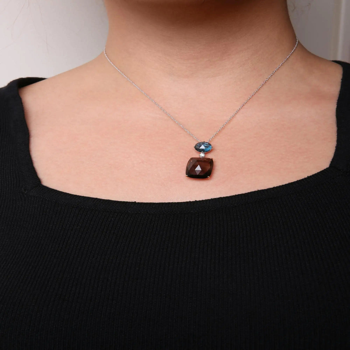 18K Rose and White Gold Diamond Accent and London Blue Topaz and Cushion Cut Smoky Quartz Gemstone Dangle Drop 18" Pendant Necklace (G - H Color, SI1 - SI2 Clarity) - Rieworkes
