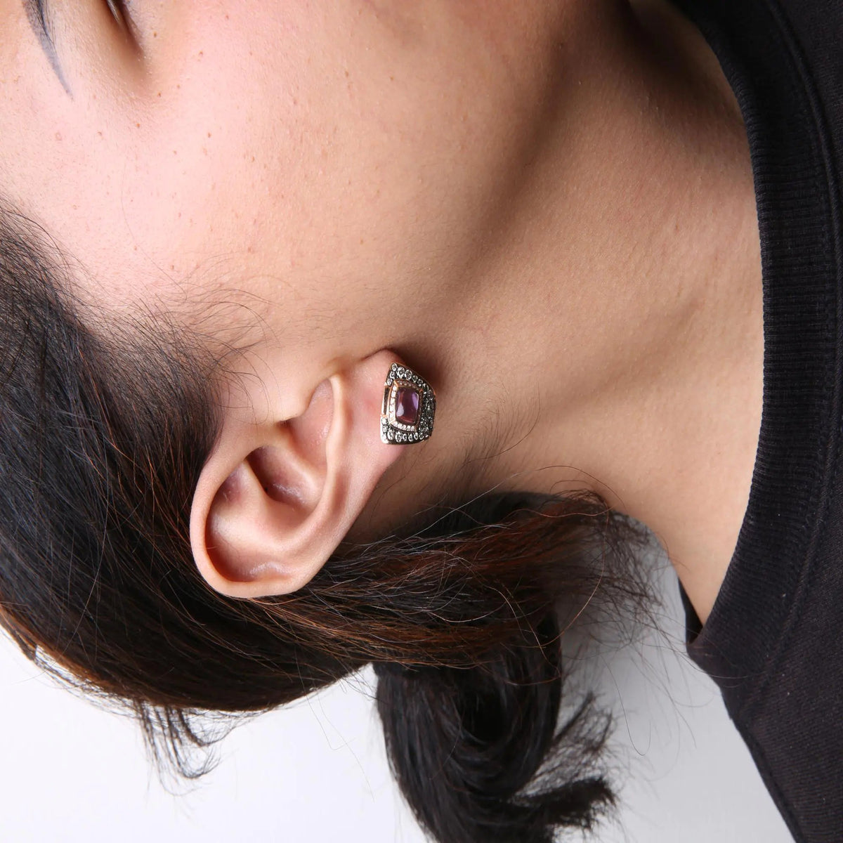 18K Rose Gold 1 1/2 Cttw Round Diamond and 7mm Cushion Cut Purple Amethyst Gemstone Geometrical Statement Stud Earrings (Brown and G - H Color, SI1 - SI2 Clarity) - Rieworkes