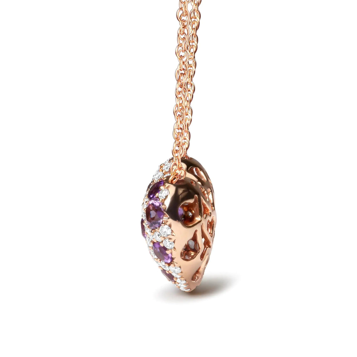 18K Rose Gold 3/4 Cttw Diamond and Purple Amethyst Cluster Heart Shape 18" Pendant Necklace (G - H Color, SI1 - SI2 Clarity) - Rieworkes