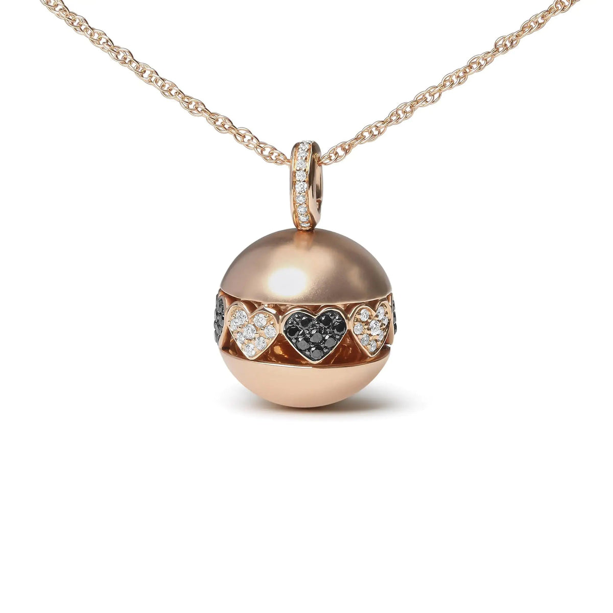18K Rose Gold 3/8 Cttw Black and White Diamond Ball with Filigree Heart and Cluster Design 18" Pendant Necklace (Black and G - H Color, SI1 - SI2 Clarity) - Rieworkes