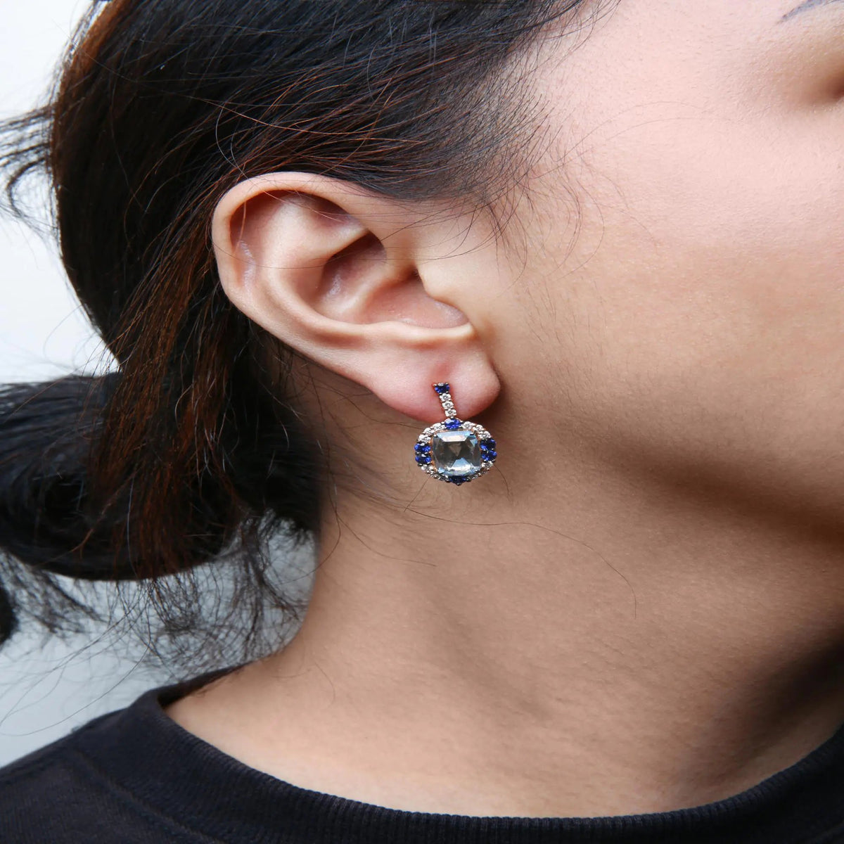 18K White and Rose Gold and 3/4 Cttw Diamond with Round Blue Sapphire and 13x8mm Cushion Cut Sky Blue Topaz Gemstone Cluster Dangle Earrings (G - H Color, SI1 - SI2 Clarity) - Rieworkes