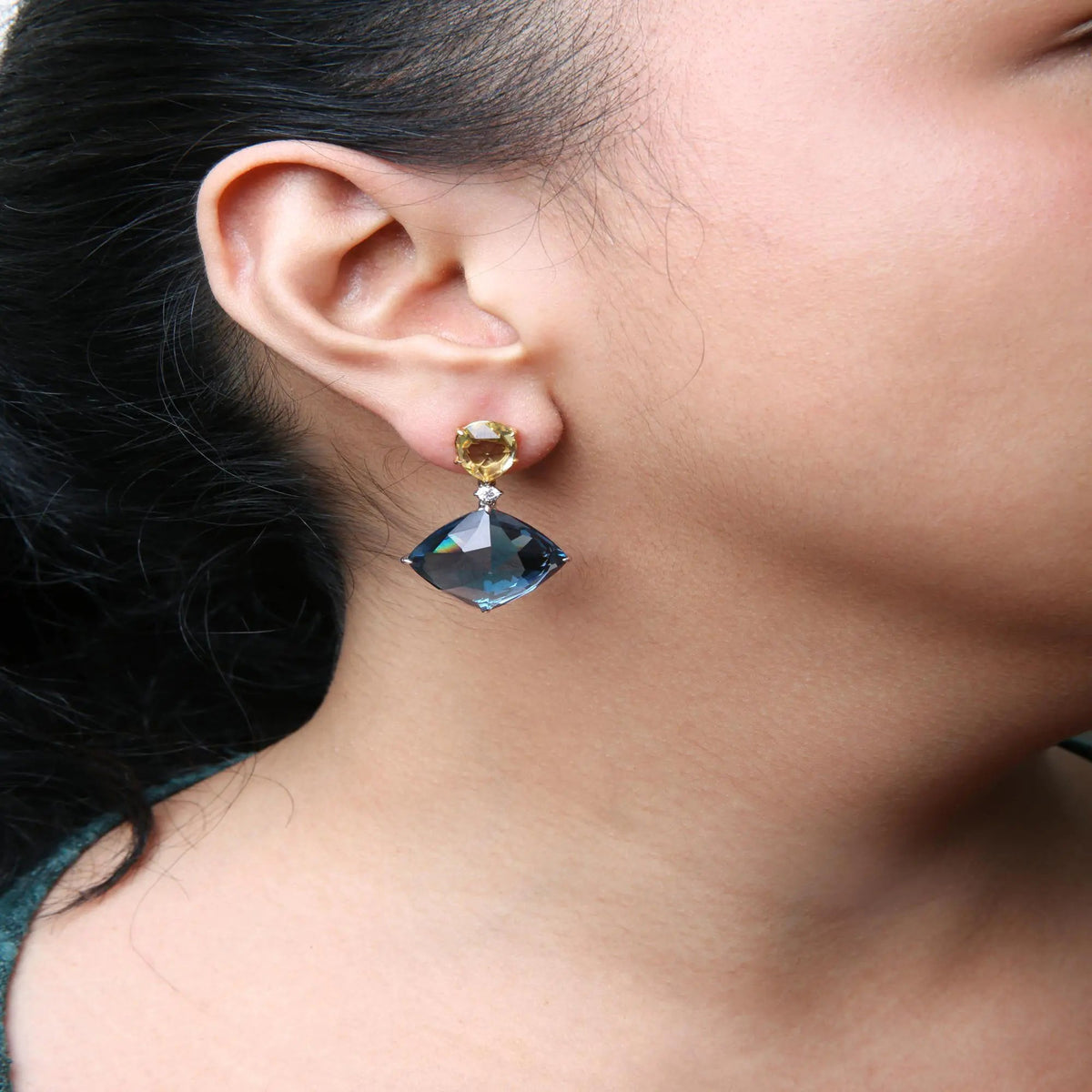 18K White and Yellow Gold 1/5 Cttw Diamond with Pear Cut Lemon Quartz, and Cushion Cut London Blue Topaz Gemstone Dangle Earring (G - H Color, SI1 - SI2 Clarity) - Rieworkes