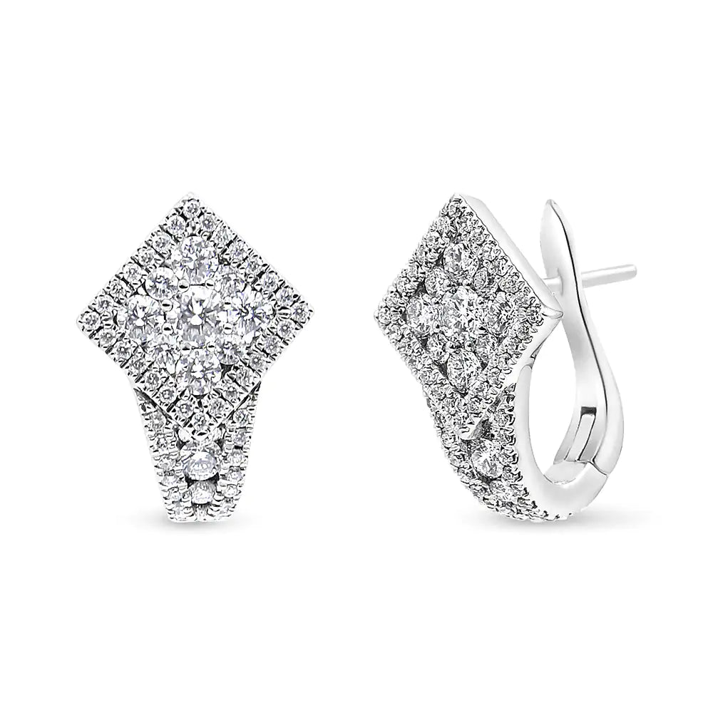 18K White Gold 1 1/10 Cttw Round Diamond Cluster with Halo Hoop Huggie Earring (F - G Color, VS1 - VS2 Clarity) - Rieworkes