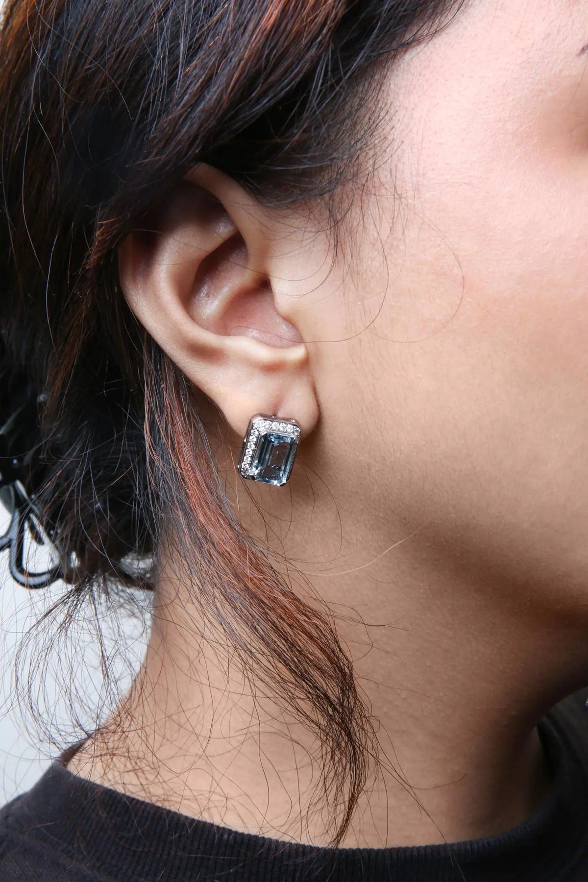 18K White Gold 3/4 Cttw Round Diamond and 13x9mm Emerald Cut Blue Aquamarine Gemstone Halo Omega Stud Earrings (G - H Color, SI1 - SI2 Clarity) - Rieworkes