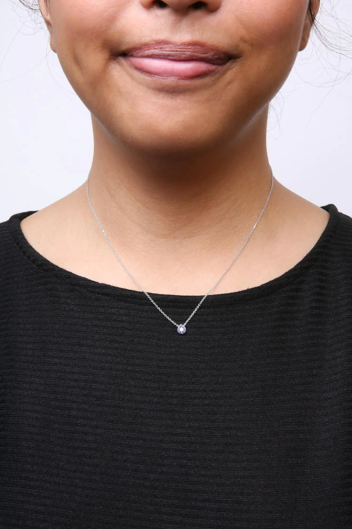 18K White Gold Diamond Accent and 1mm Round Blue Sapphire Gemstone Halo Teardrop Pendant Necklace (G - H Color, SI1 - SI2 Clarity) - Adjustable up to 15.5" - 17" - Rieworkes