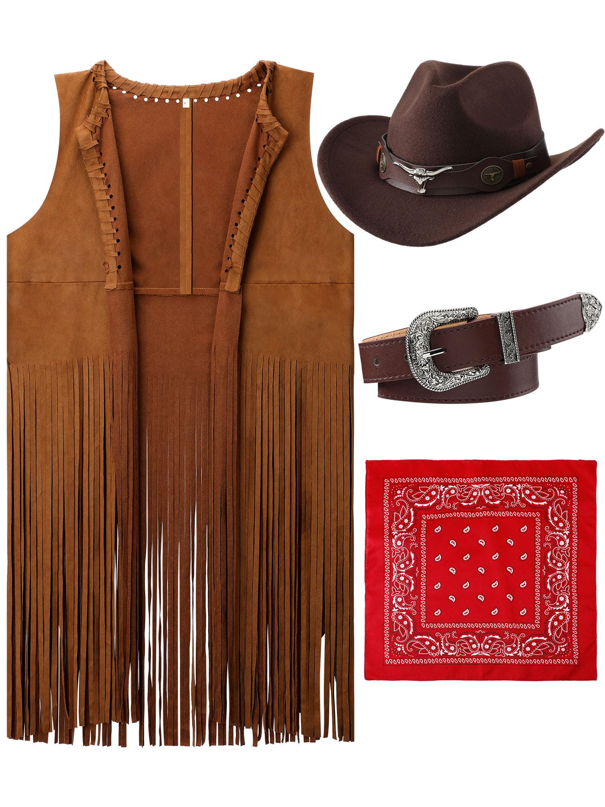 Hercicy Western Outfits for Women Cowgirl Tassel Sleeveless Vest Cowboy Hat Belt and Paisley Bandana for Halloween Dress Up (Brown Small) Mimarta